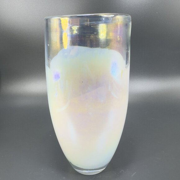 Heavy Art Glass Vase Vessel White Iridescent Finish Multicolor Glass Vase Decor - Picture 7 of 15